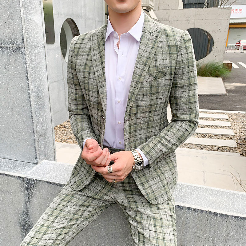 Plaid Check Single Breasted Business Slim Casual Style Men Suit