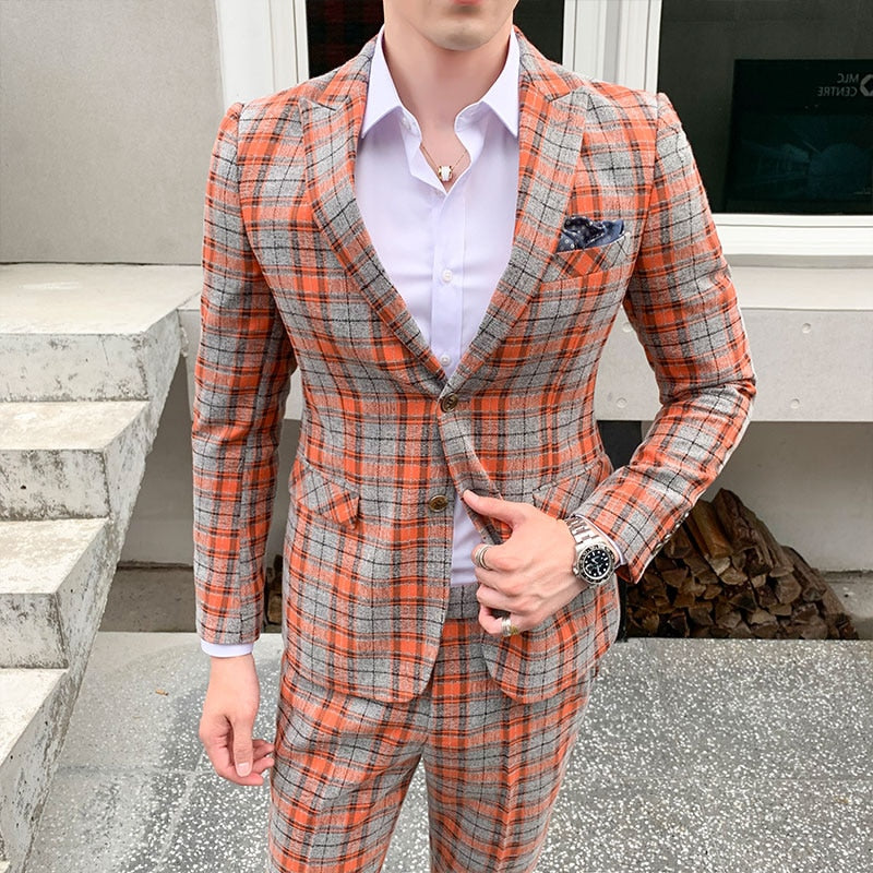 Plaid Check Single Breasted Business Slim Casual Style Men Suit