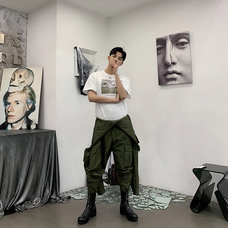 Slim Men Army Worker Style Set Double Pocket Shirt and Pants