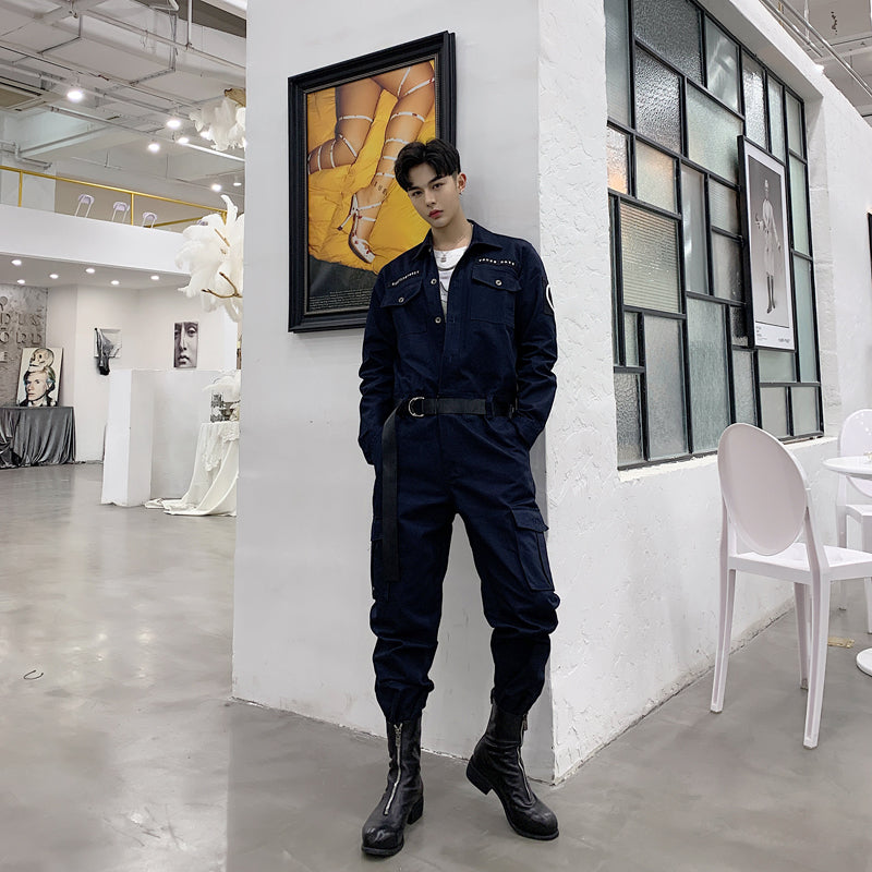 Slim Men Army Worker Style Set Double Pocket Shirt and Pants