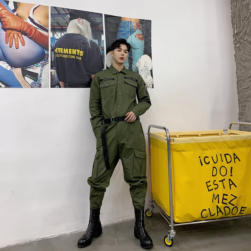 Slim Men Army Worker Style Set Double Pocket Shirt and Pants