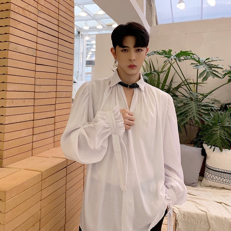 Vintage Retro V Neck with Long Sleeve Loose Style Men Shirt