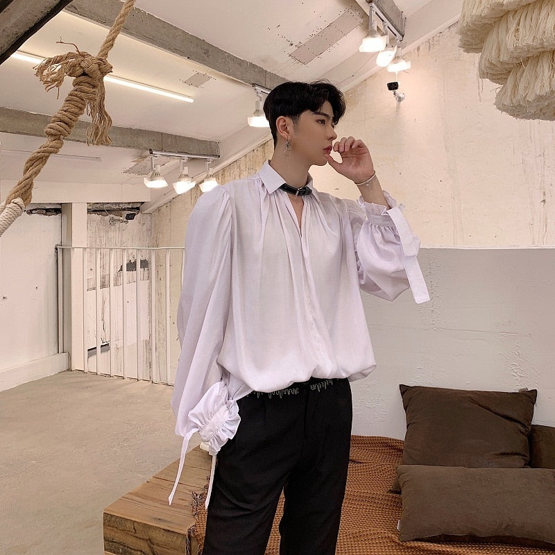 Vintage Retro V Neck with Long Sleeve Loose Style Men Shirt