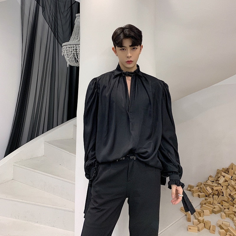 Vintage Retro V Neck with Long Sleeve Loose Style Men Shirt