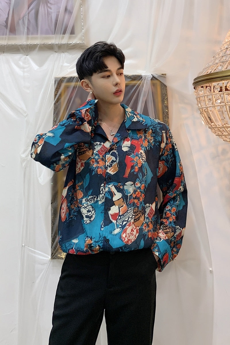 Art Painting Printing in Blue Casual Style Men Shirt - FanFreakz