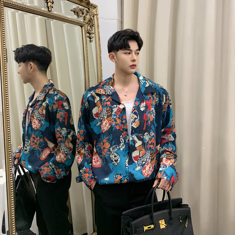 Art Painting Printing in Blue Casual Style Men Shirt - FanFreakz