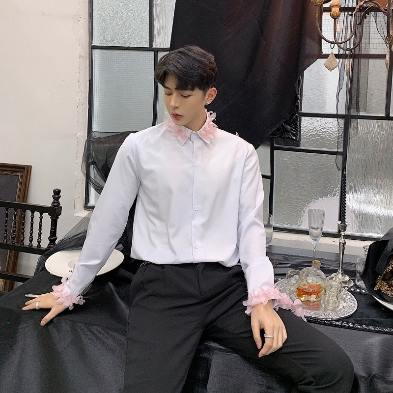 White Long Sleeves with Spring Pink Flower Detail Men Shirts