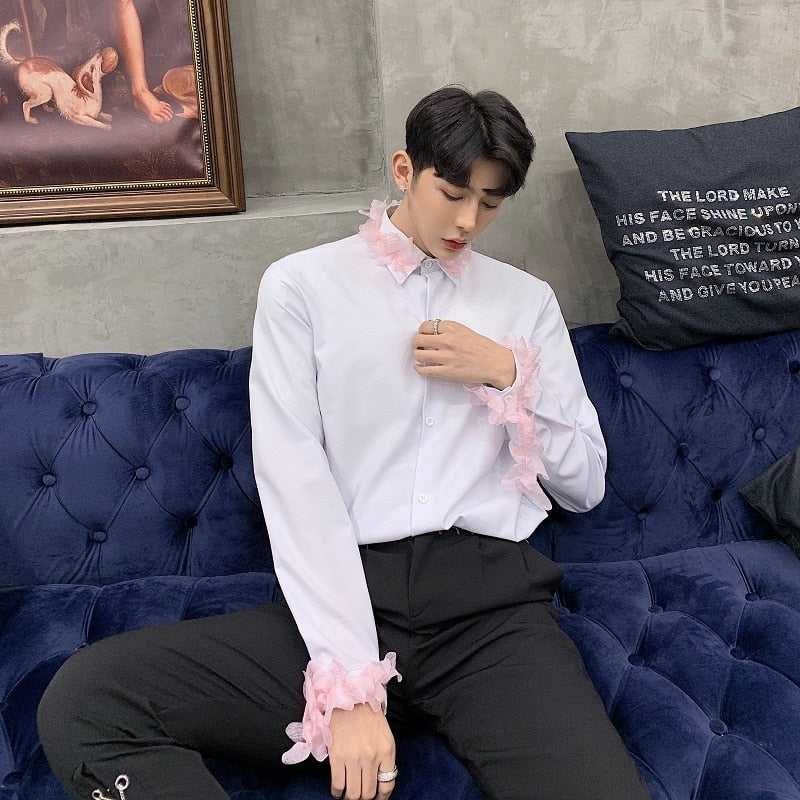 White Long Sleeves with Spring Pink Flower Detail Men Shirts