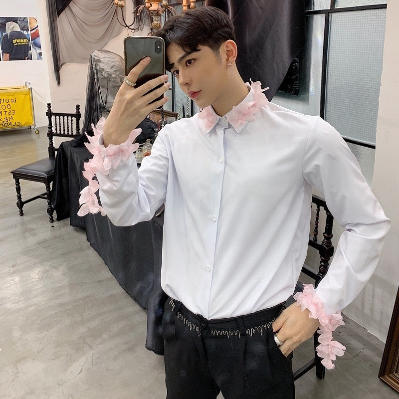 White Long Sleeves with Spring Pink Flower Detail Men Shirts