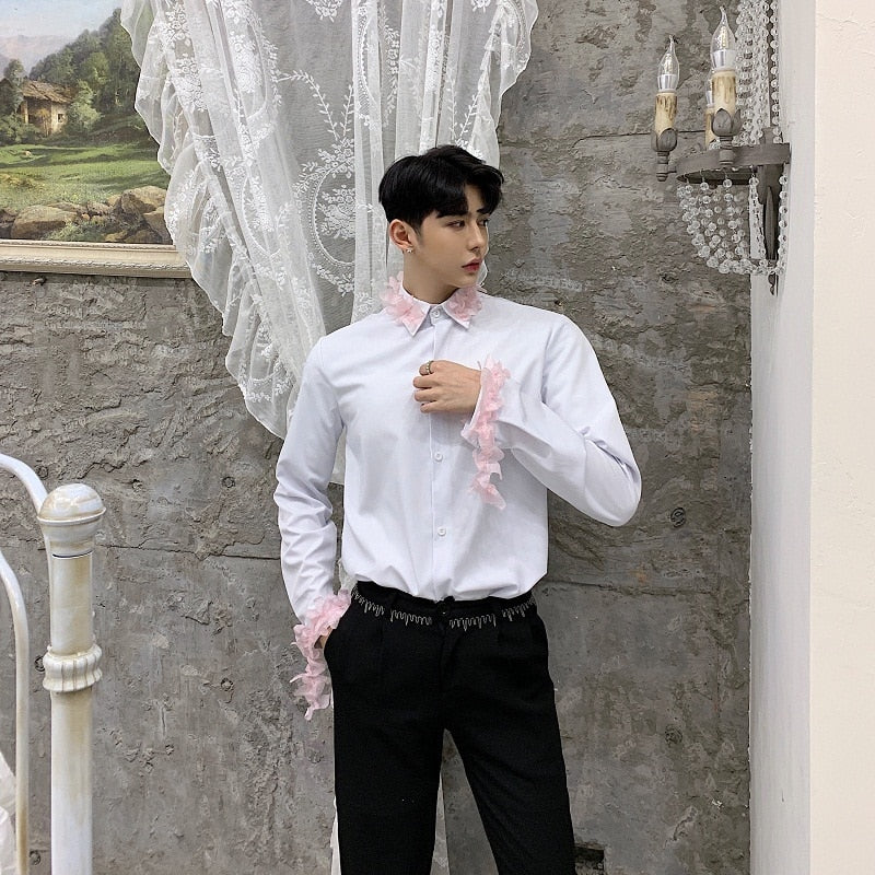 White Long Sleeves with Spring Pink Flower Detail Men Shirts