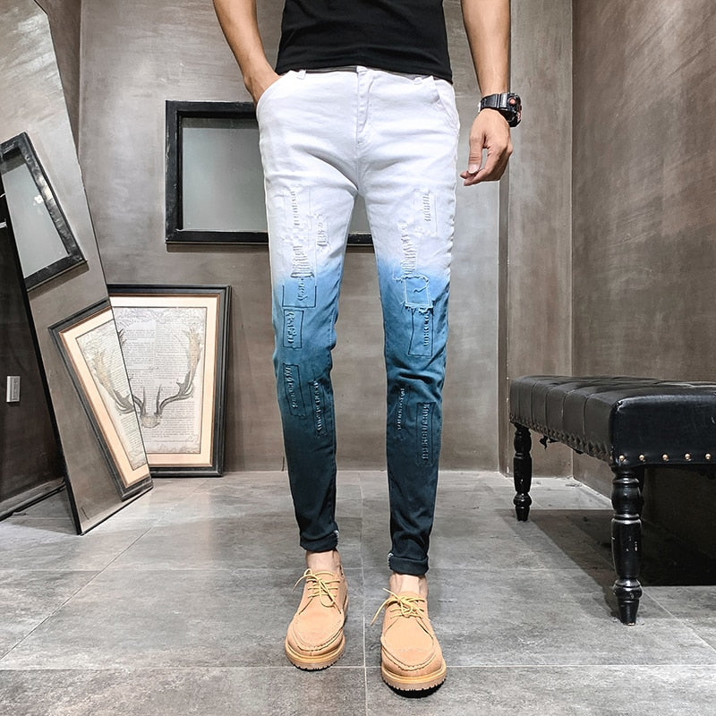 Blue White Gradient Color Ripped Casual Style Men Jeans