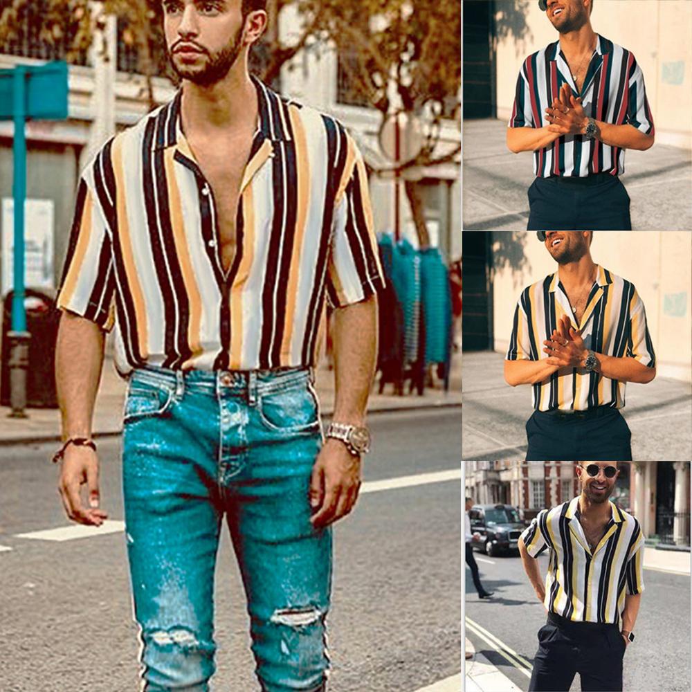 Striped Pattern Short Sleeve Hawaiian Style Men Shirt