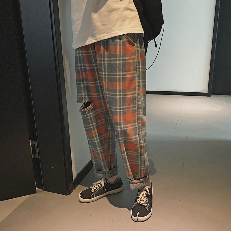 Cotton Baggy Lattice Printing Hole Streetwear Style Men Pants