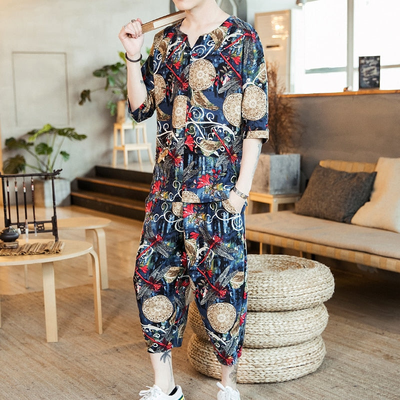 Chinese Vintage Style Summer Streetwear Vintage Design Men Shirt Set - FanFreakz