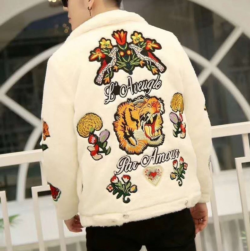 Tiger Head and Living Things Embroidery Details Men Jacket