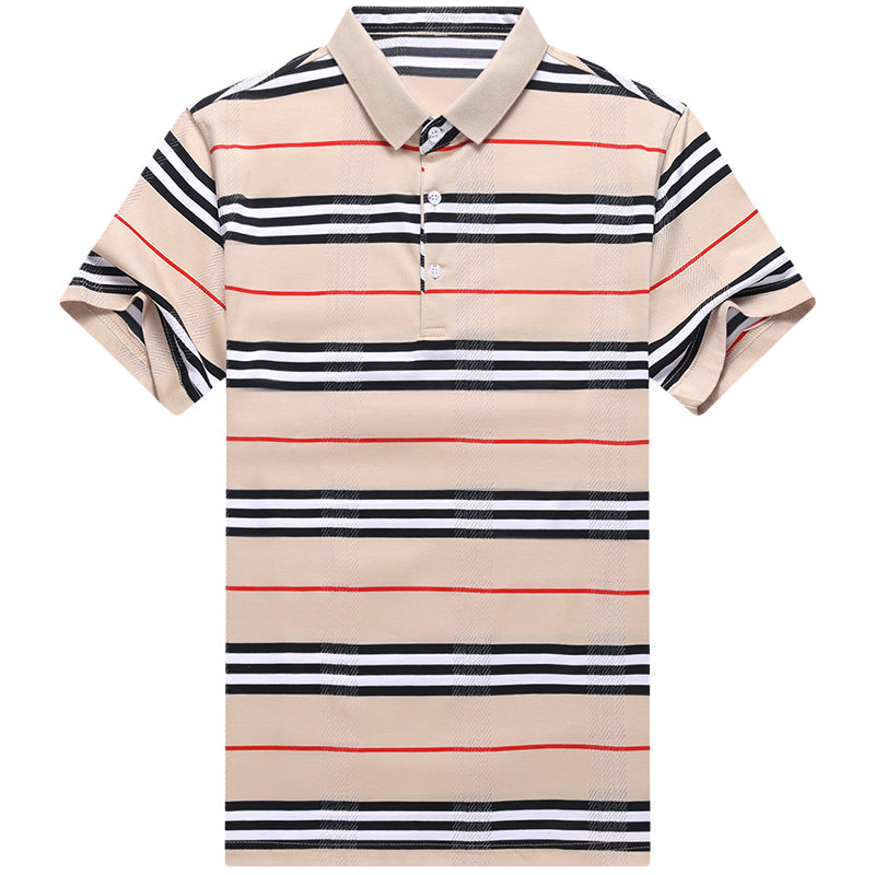 Horizontal Striped Plaid Combination Short Sleeve Men Polo
