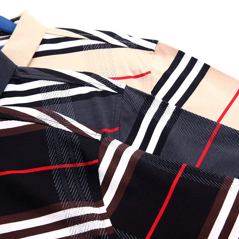 Horizontal Striped Plaid Combination Short Sleeve Men Polo