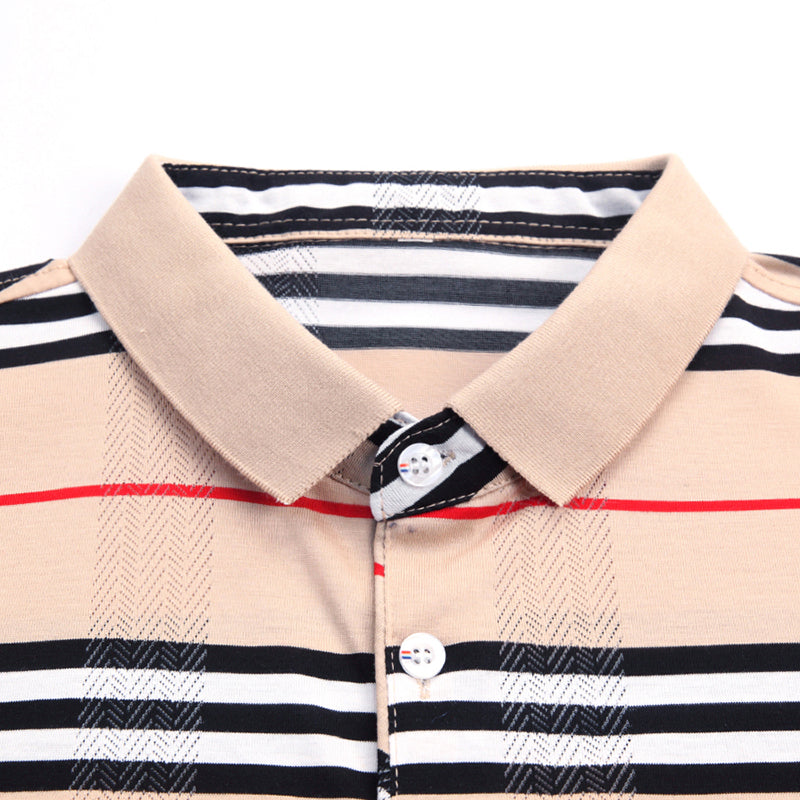 Horizontal Striped Plaid Combination Short Sleeve Men Polo