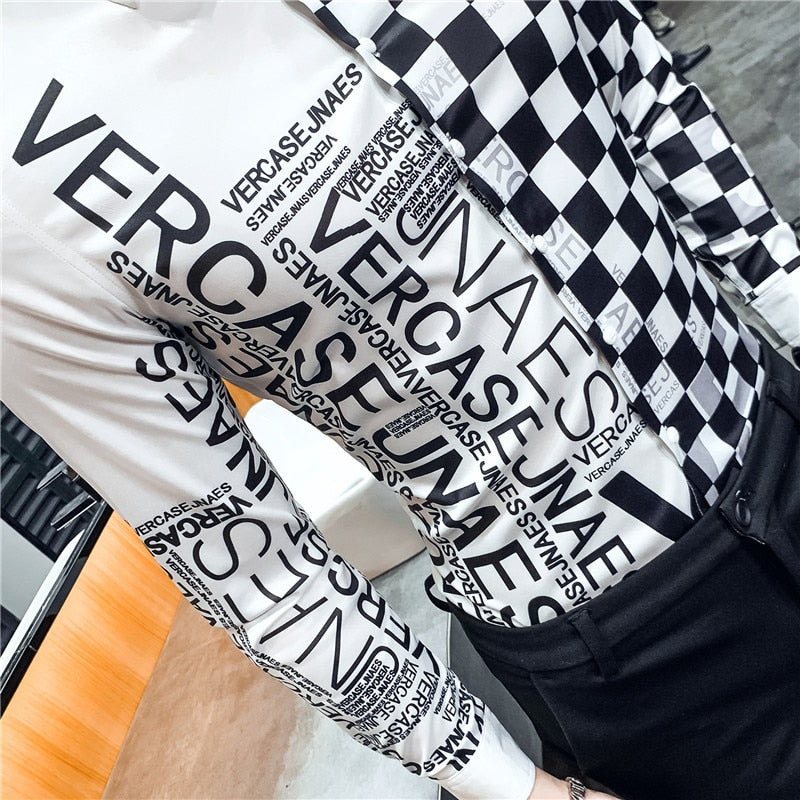 Black White Pop Print Slim Fit Long Sleeve Casual Men Shirts