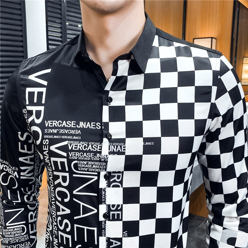 Black White Pop Print Slim Fit Long Sleeve Casual Men Shirts