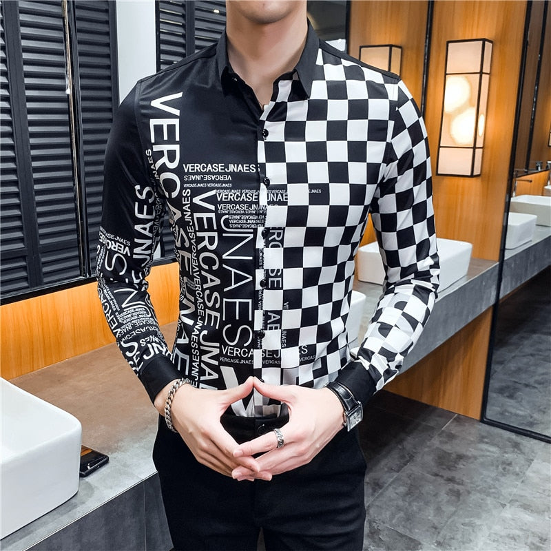 Black White Pop Print Slim Fit Long Sleeve Casual Men Shirts