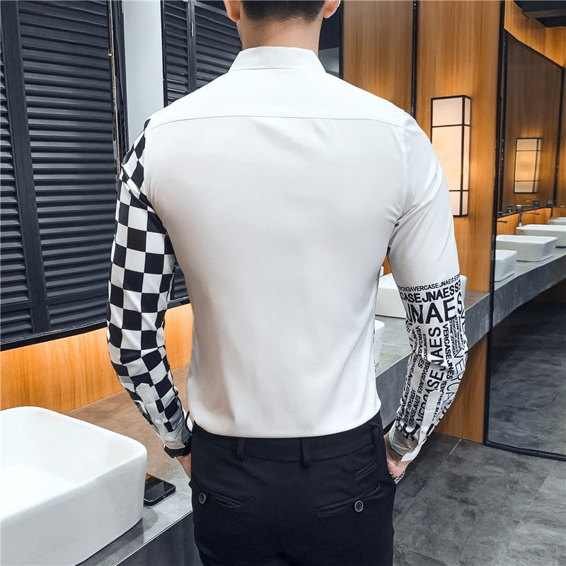 Black White Pop Print Slim Fit Long Sleeve Casual Men Shirts
