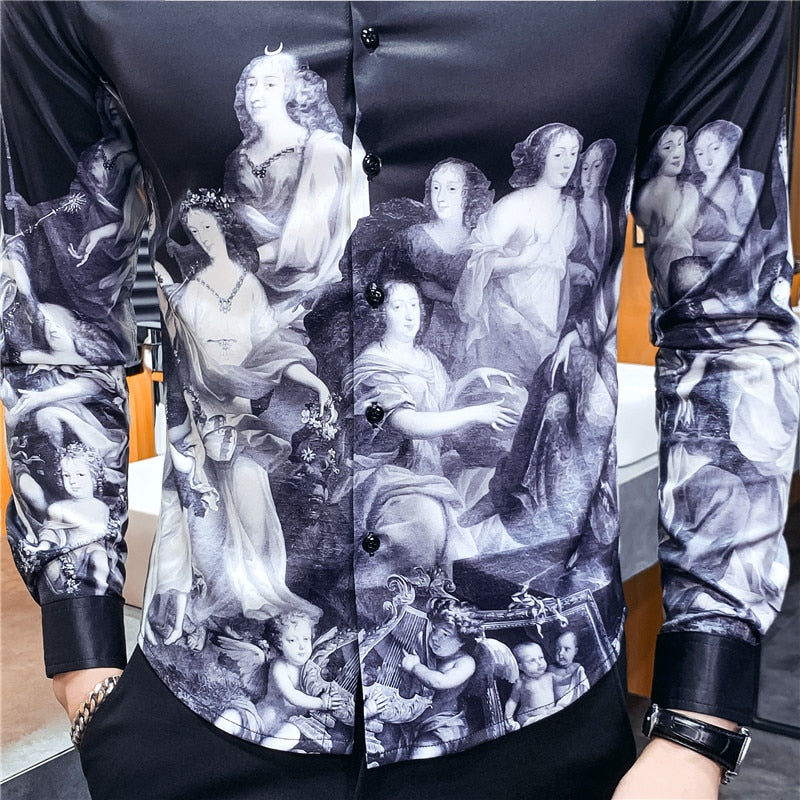 Casual European Roman Ladies Print Long Sleeve Men Shirt