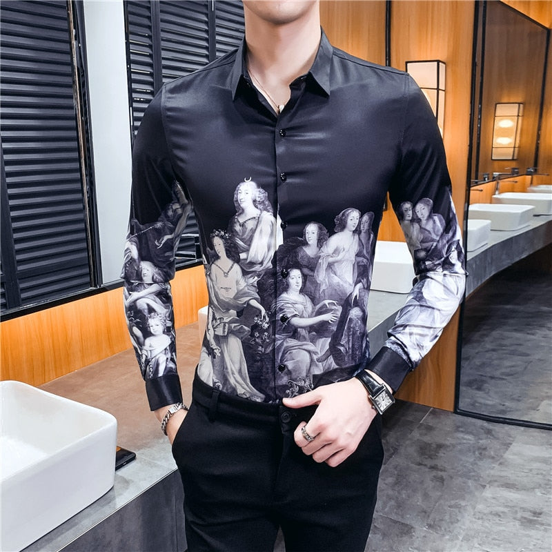 Casual European Roman Ladies Print Long Sleeve Men Shirt