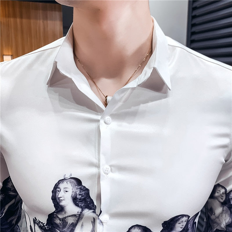 Casual European Roman Ladies Print Long Sleeve Men Shirt