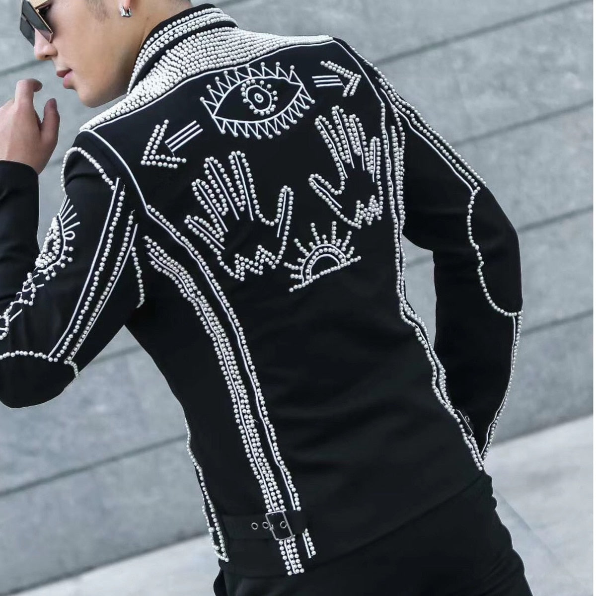 Black Beaded Embroidered Polyester Nylon Jacket