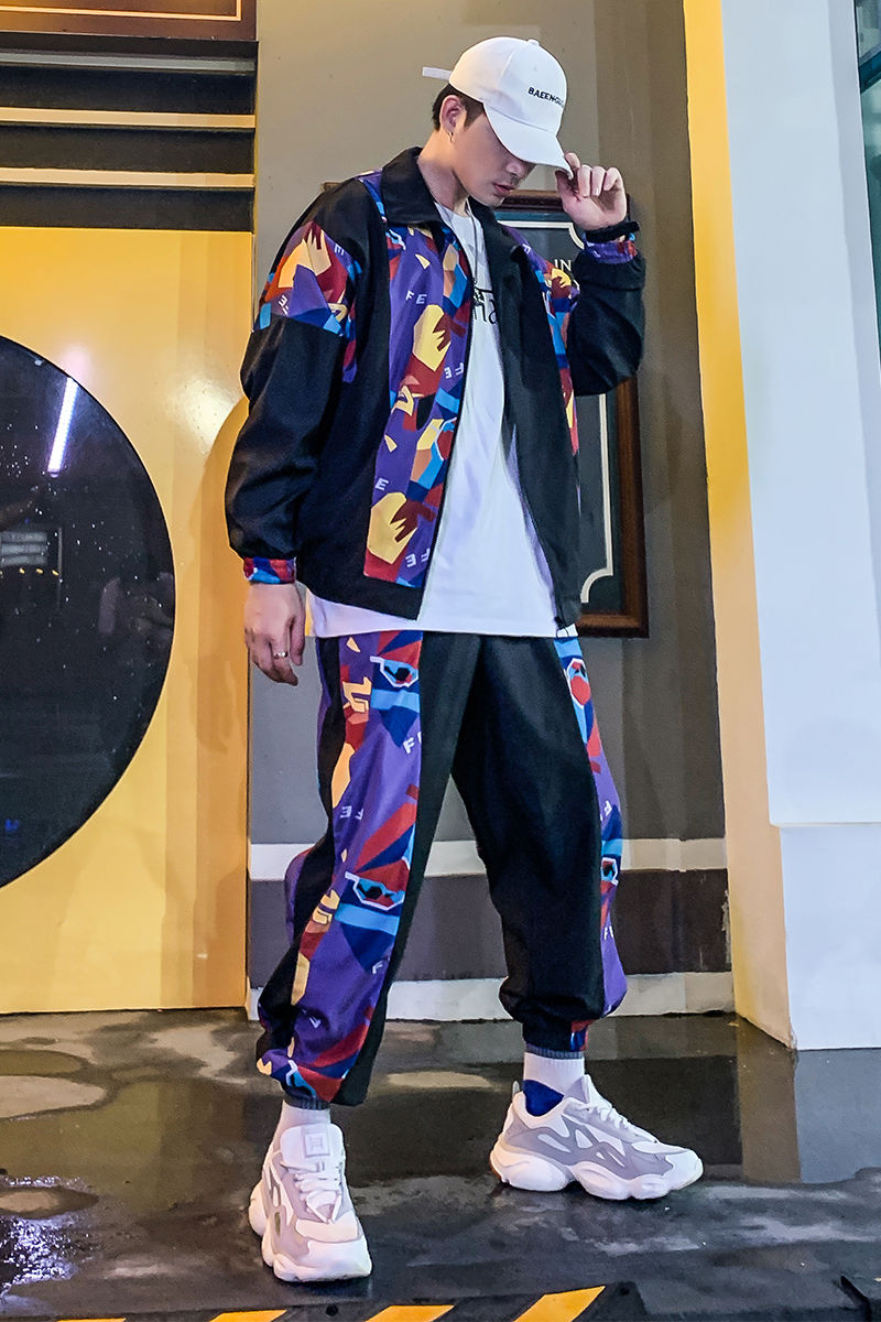 Vintage Print High Collar Men Tracksuit Set