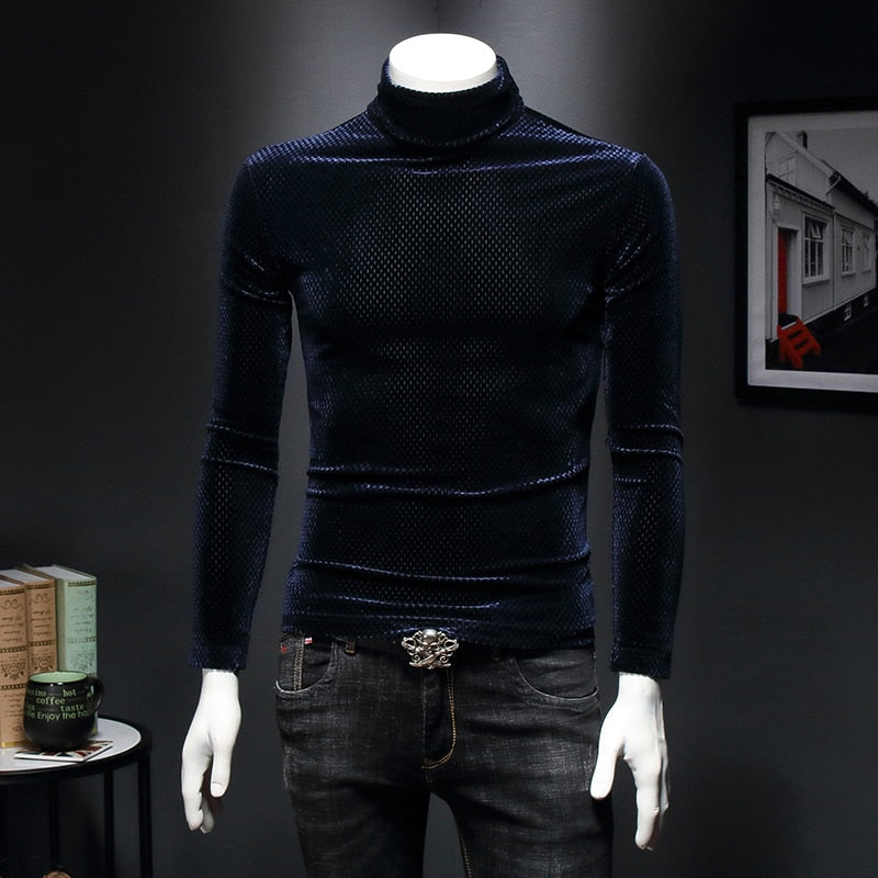 Plain Black Turtleneck Velour Shirt