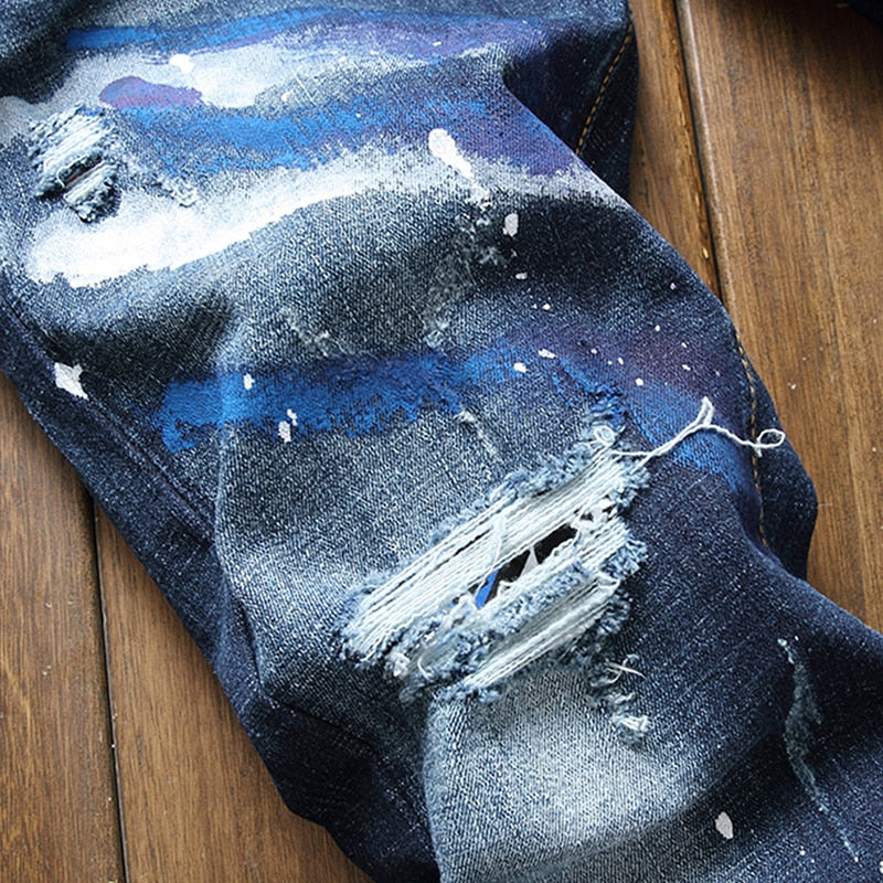 Paint Stain Decorated Ripped Hole Jeans