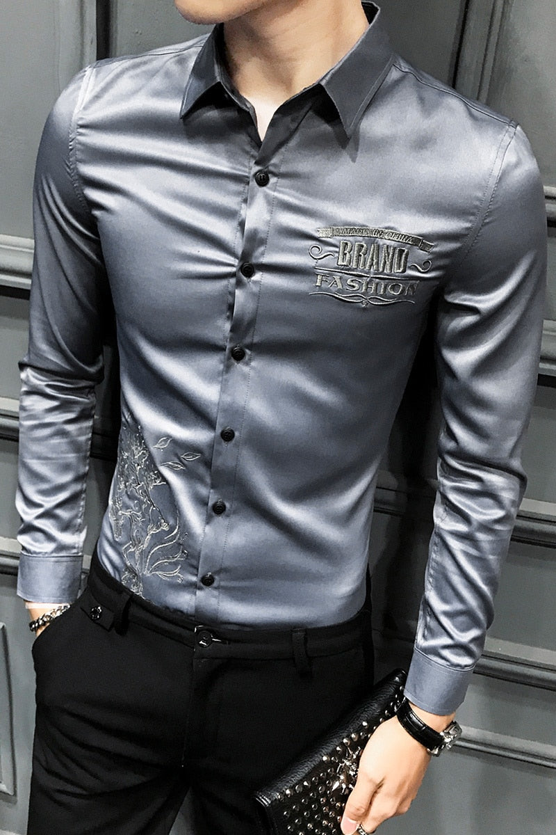 Solid Color with Embroidery Details Long Sleeve Casual Slim Fit Men Shirts