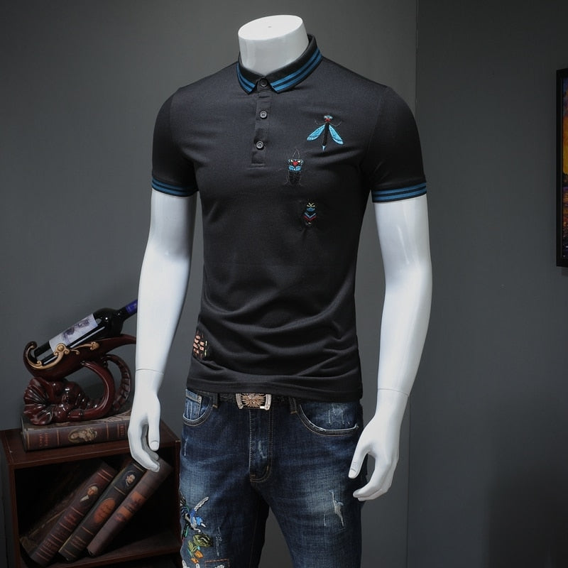 Summer Short Sleeve Embroidery Bee Turndown Collar Men Polo Shirt