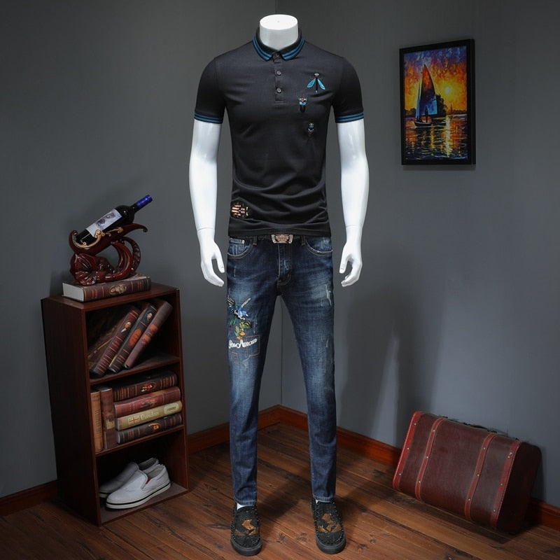 Summer Short Sleeve Embroidery Bee Turndown Collar Men Polo Shirt