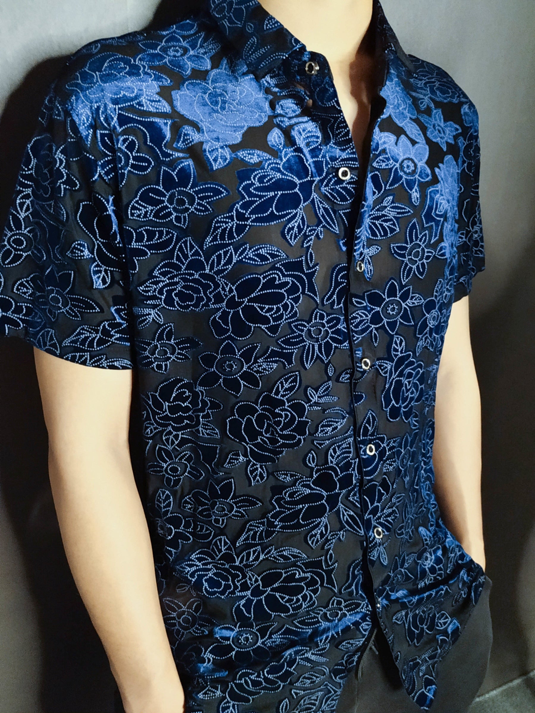 Blue Flower Embroidered Transparent Shirt