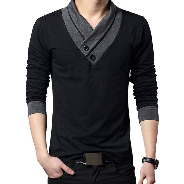 Patchwork V Neck Slim Fit Long Sleeve T-Shirt