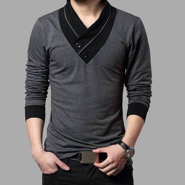 Patchwork V Neck Slim Fit Long Sleeve T-Shirt