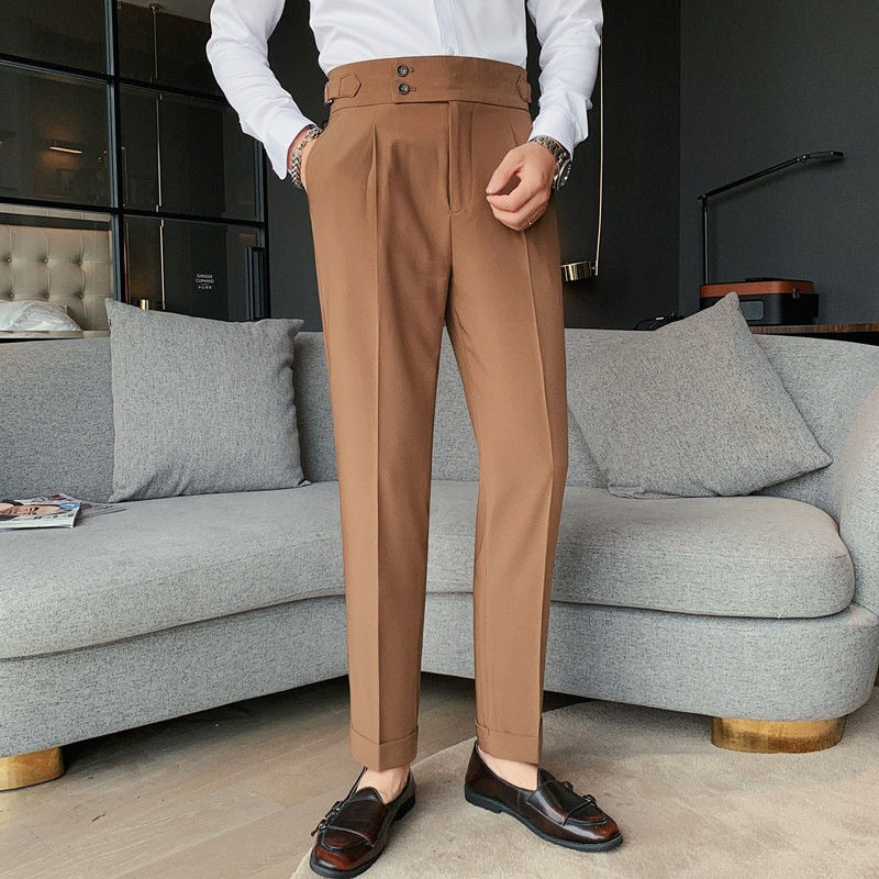 Solid Color Twin Buttons Stomach Bandage Style Trouser