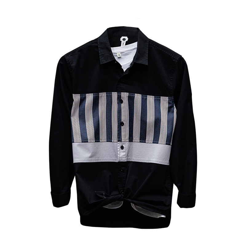 Striped Patchwork Cotton Long Sleeve Shirt