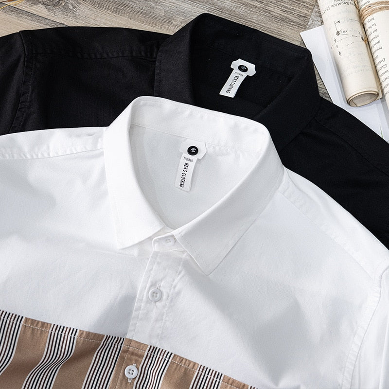 Striped Patchwork Cotton Long Sleeve Shirt