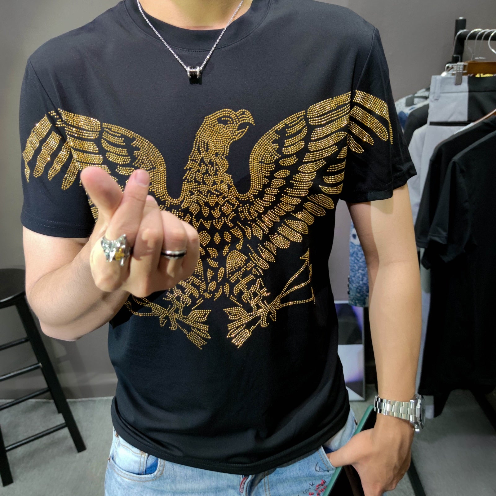 Soaring Eagle Rhinestones Decorated Streetwear T-Shirt