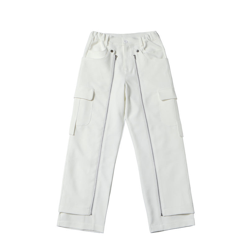 Multi Zipper Deco Solid Straight Pants
