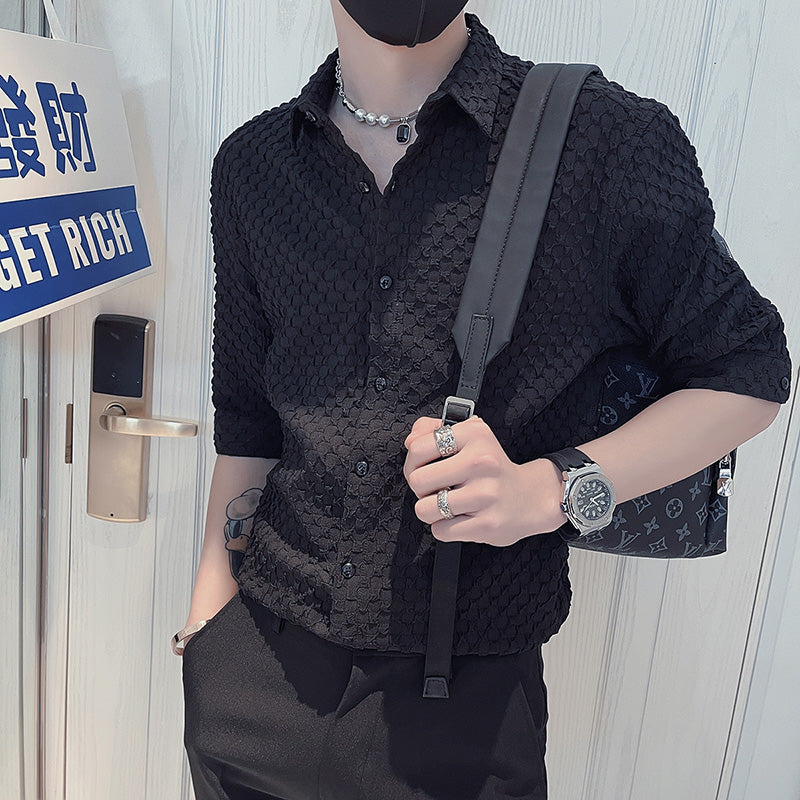 Lattice Pattern Half Sleeve Polyester Shirt
