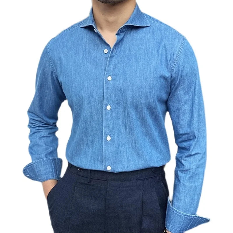 Solid Blue Denim Long Sleeve Shirt