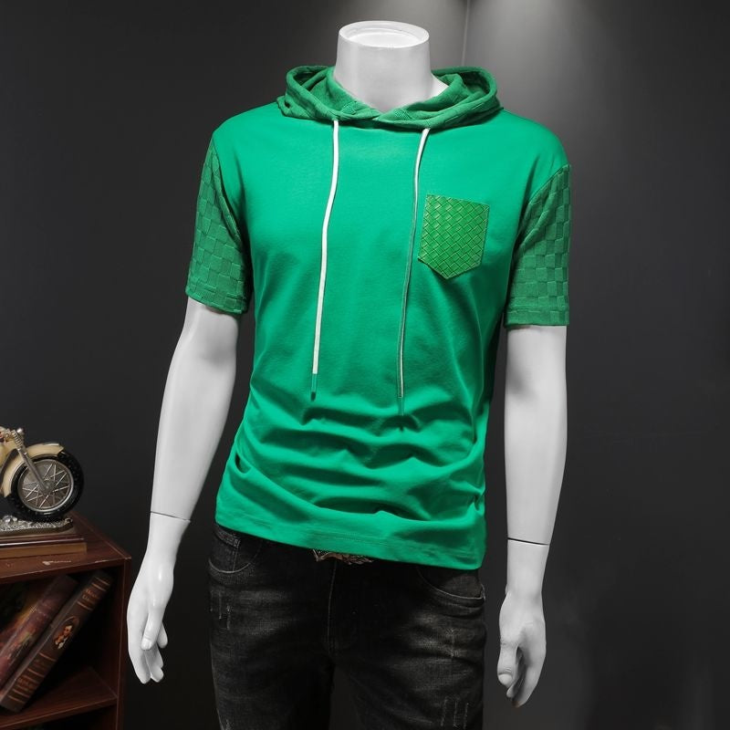 Monocolor Green Woven Pattern Hooded T-Shirt