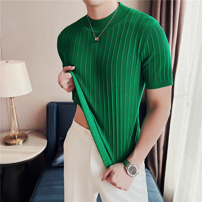 Knitted Elasticity Stripes Polyester T-Shirt