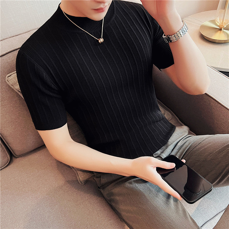 Knitted Elasticity Stripes Polyester T-Shirt