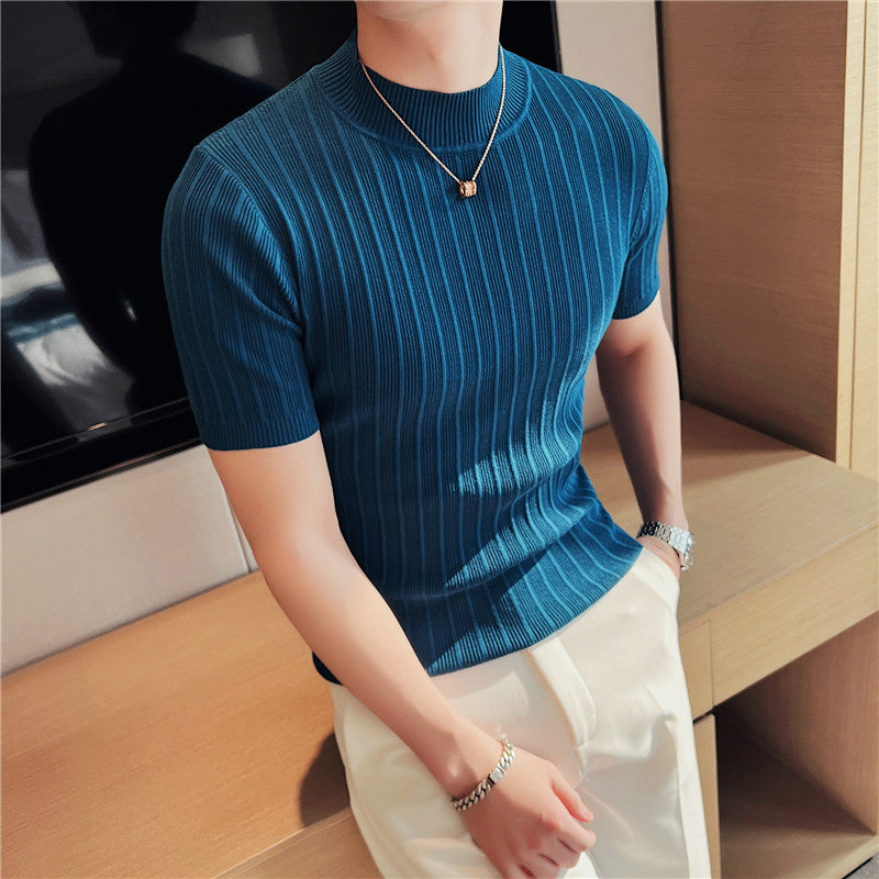 Knitted Elasticity Stripes Polyester T-Shirt